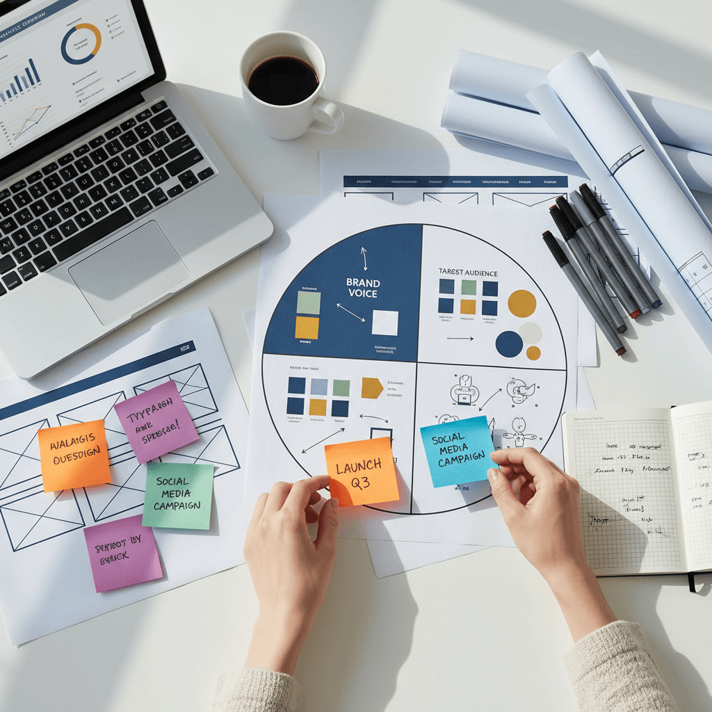 marketing strategist presenting brand identity mood board to small business owner in bright modern office